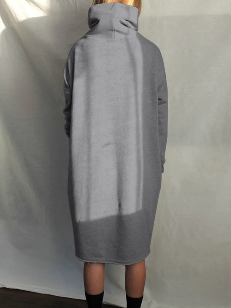 Design High Neck Pure Color Knee Length Casual Women Midi Dress