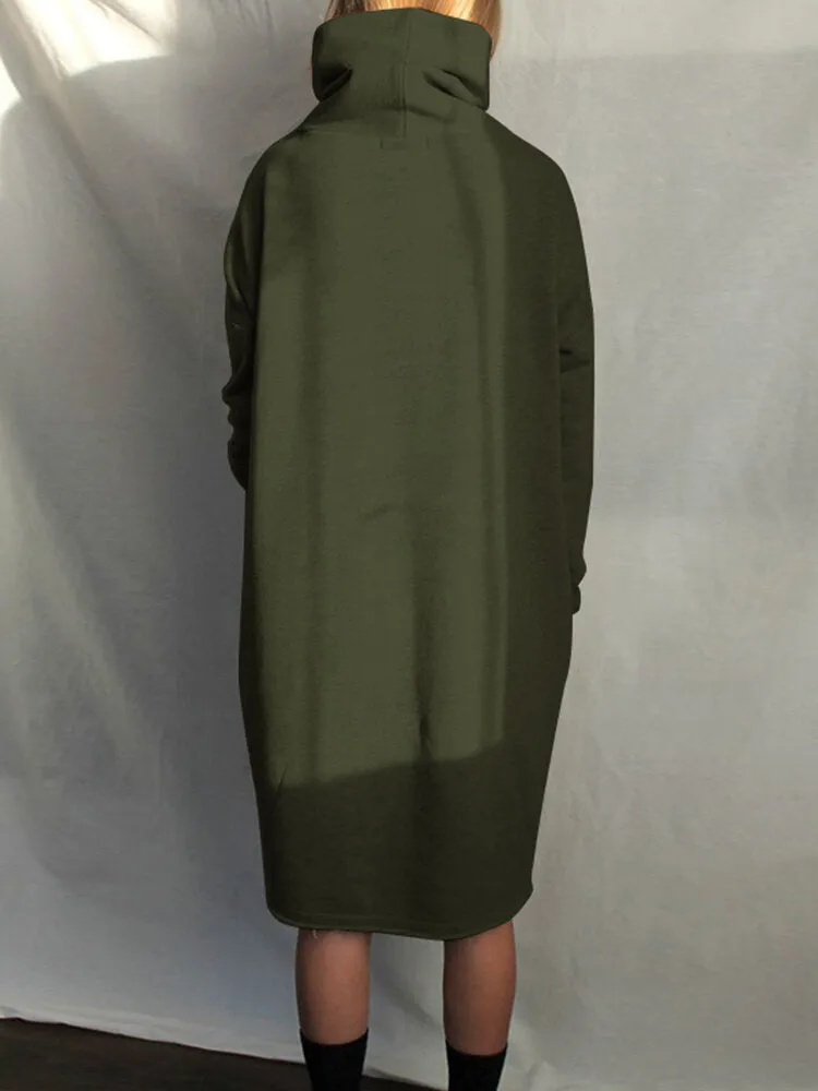 Design High Neck Pure Color Knee Length Casual Women Midi Dress