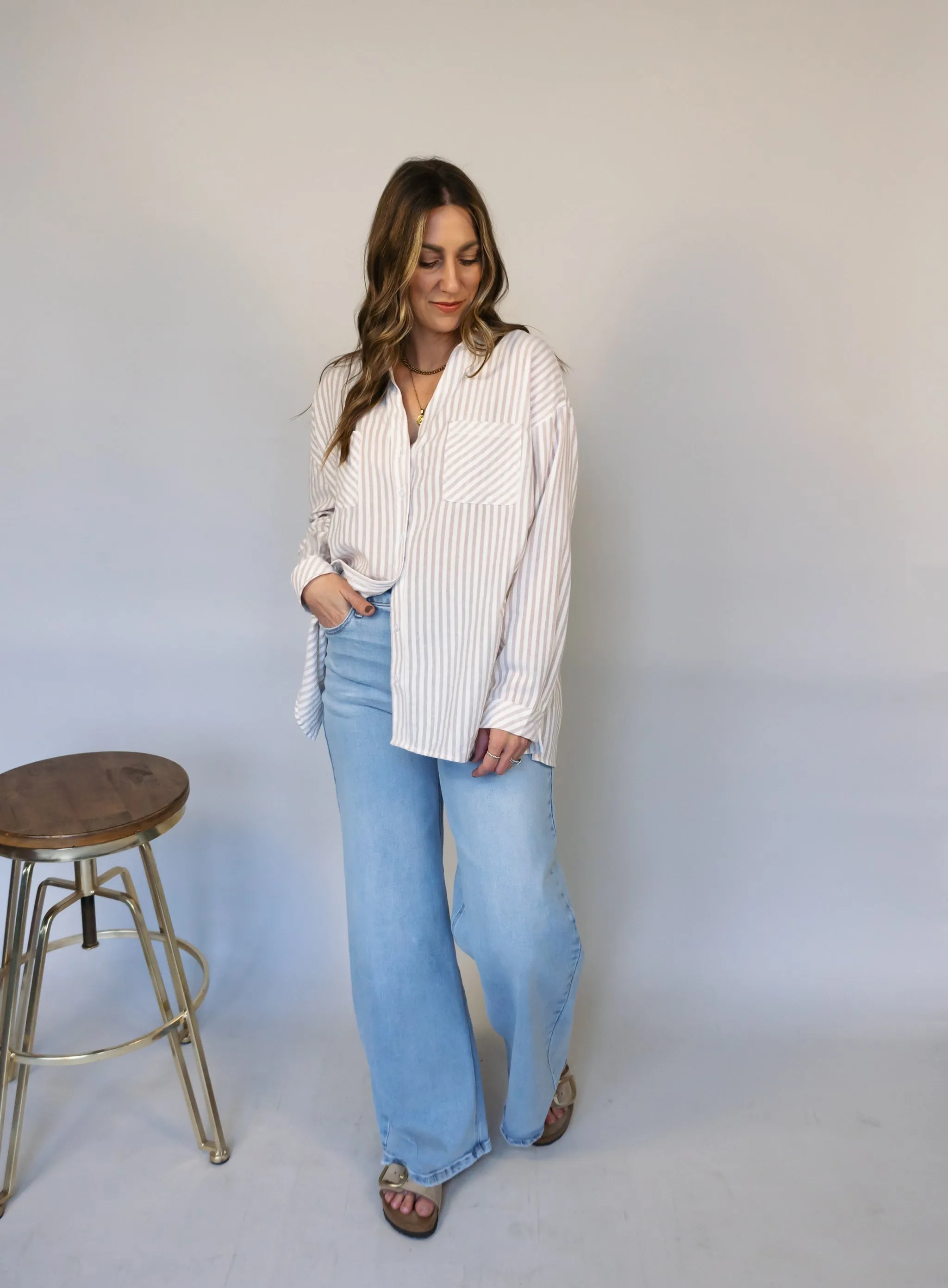 Donovan Striped Button Down - Beige - Final Sale