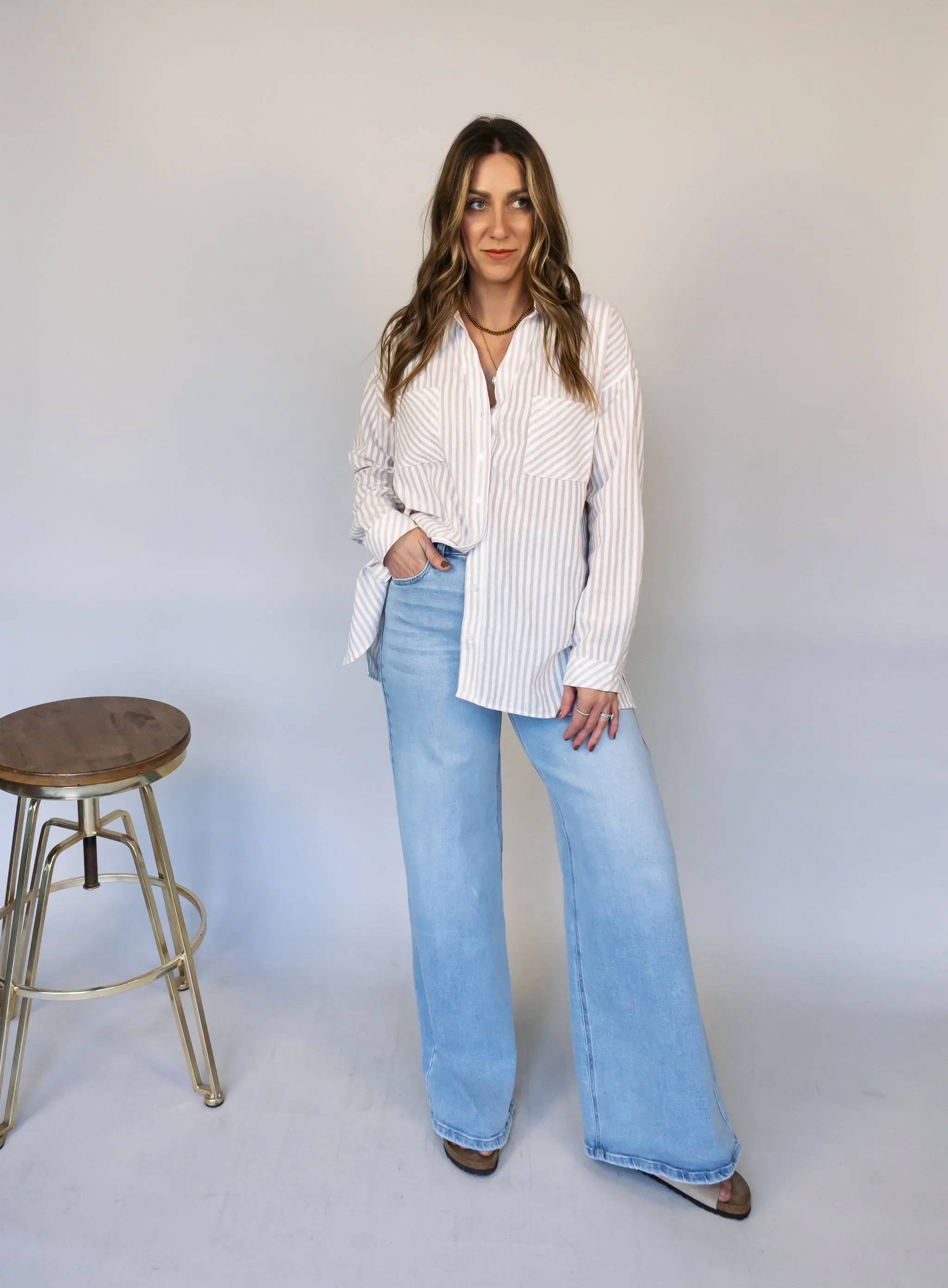 Donovan Striped Button Down - Beige - Final Sale