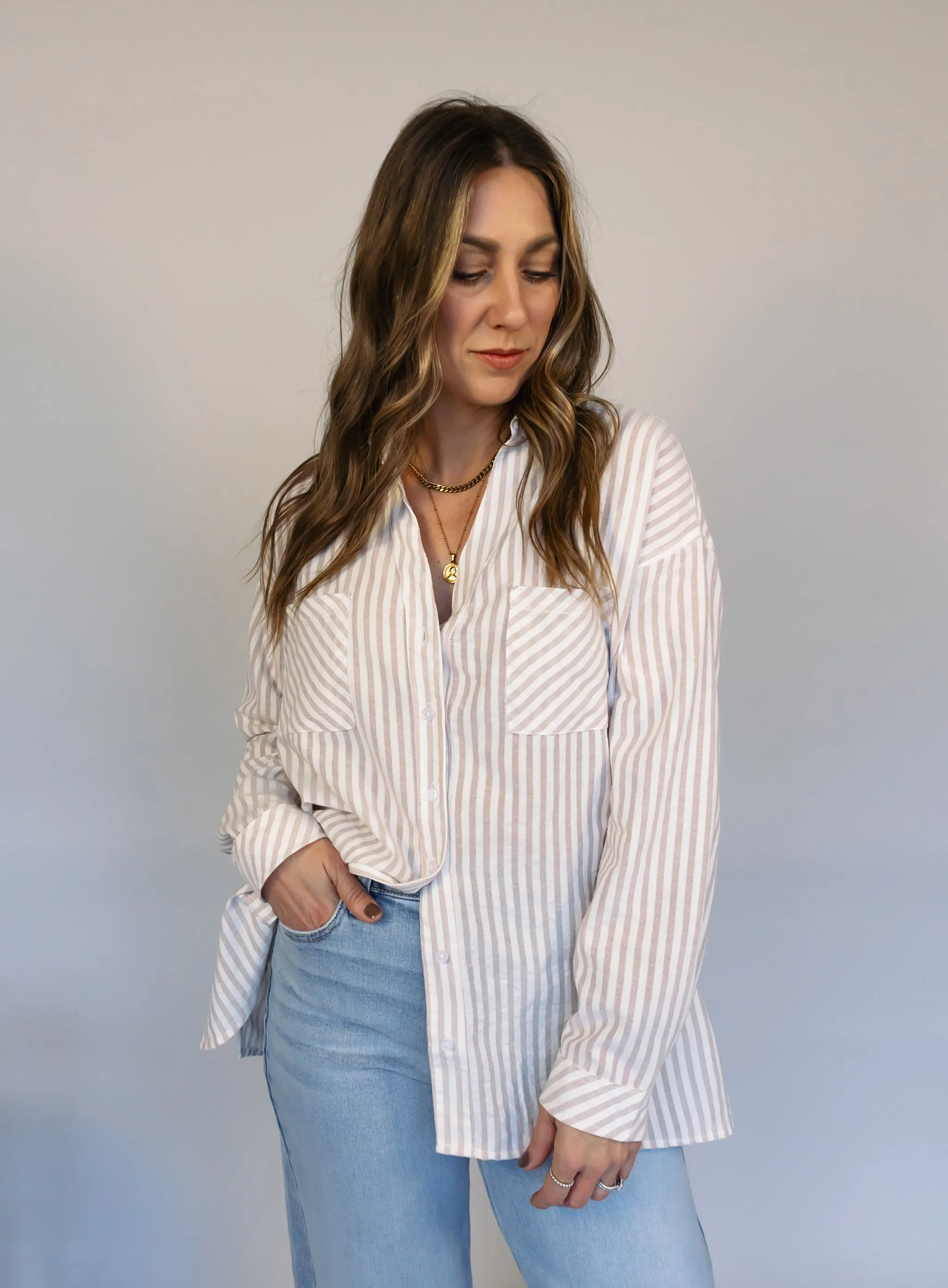 Donovan Striped Button Down - Beige - Final Sale