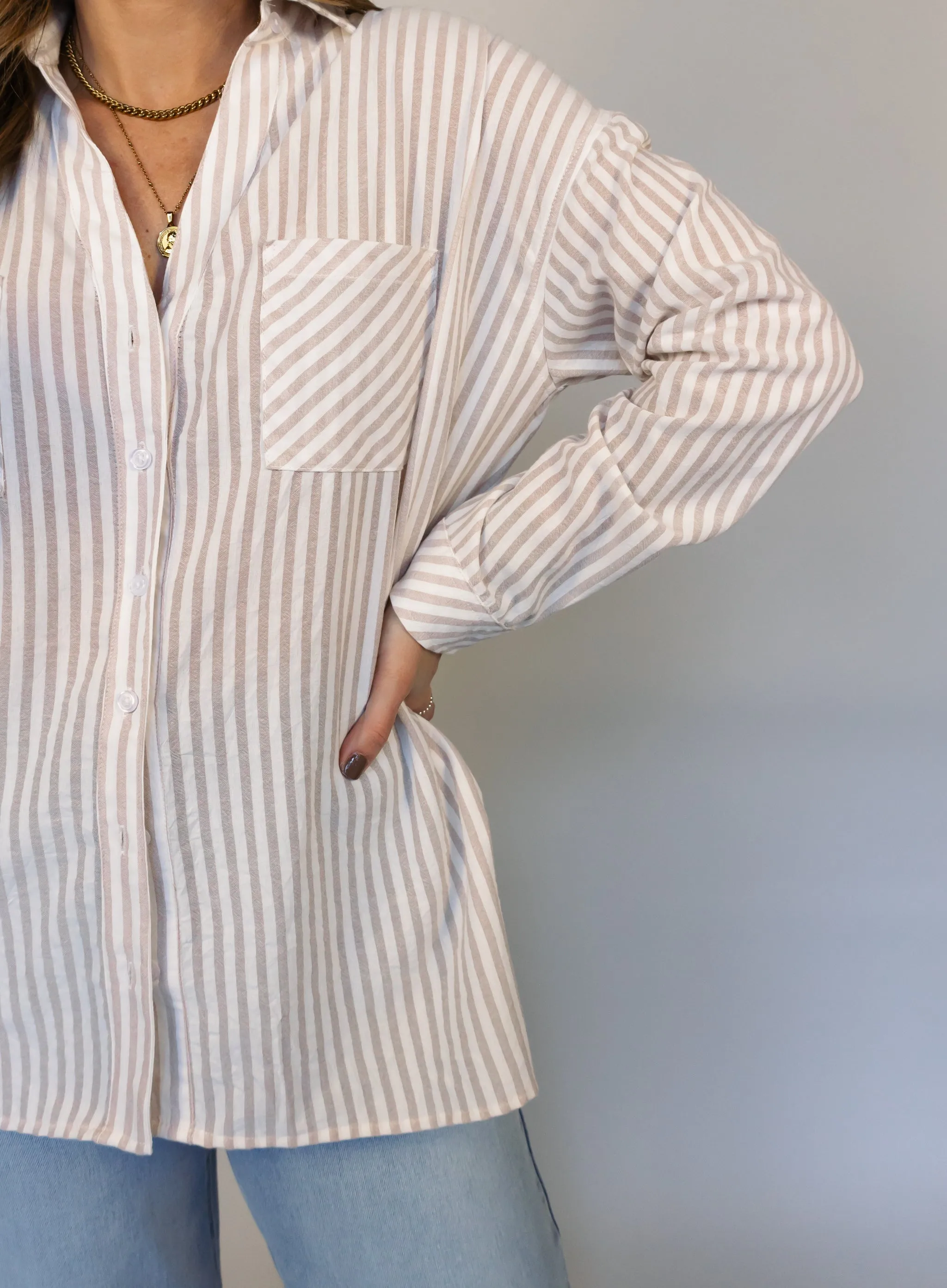 Donovan Striped Button Down - Beige - Final Sale