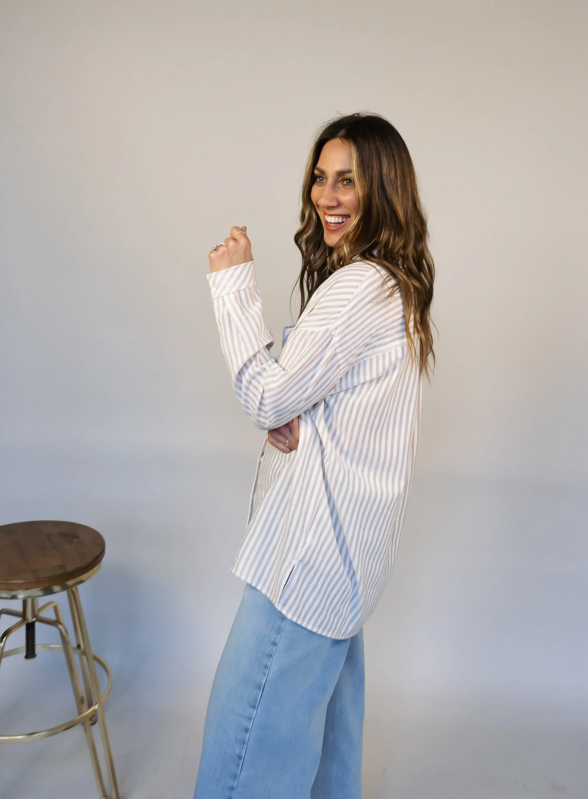 Donovan Striped Button Down - Beige - Final Sale