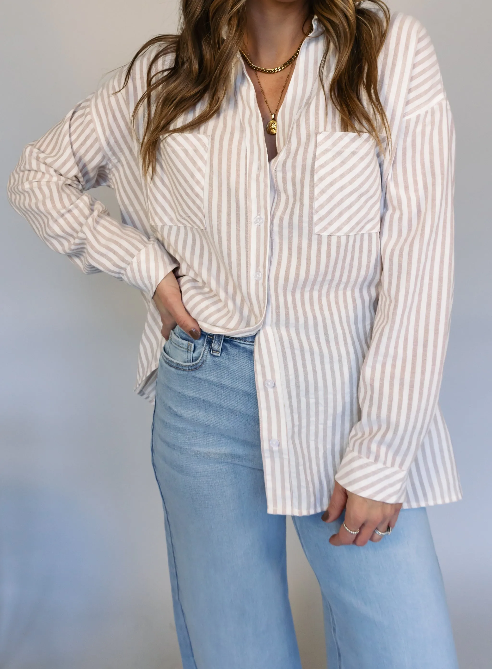Donovan Striped Button Down - Beige - Final Sale