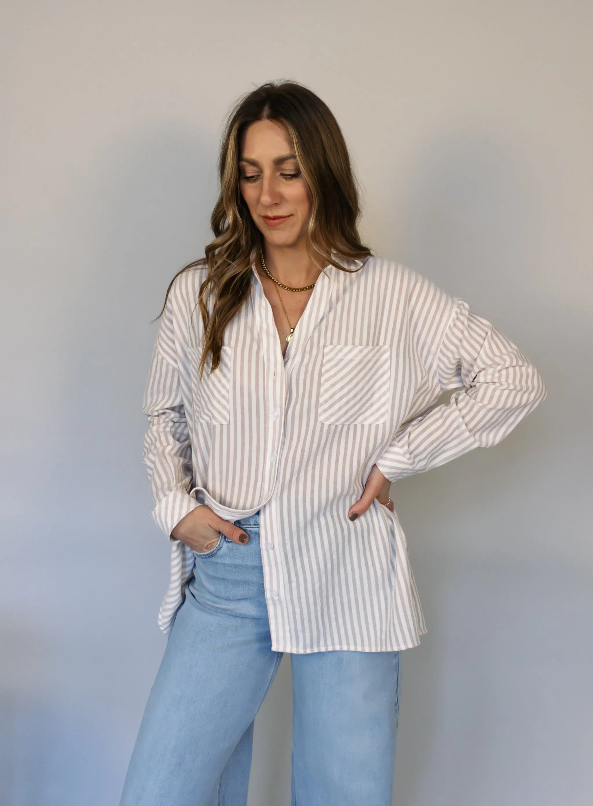 Donovan Striped Button Down - Beige - Final Sale
