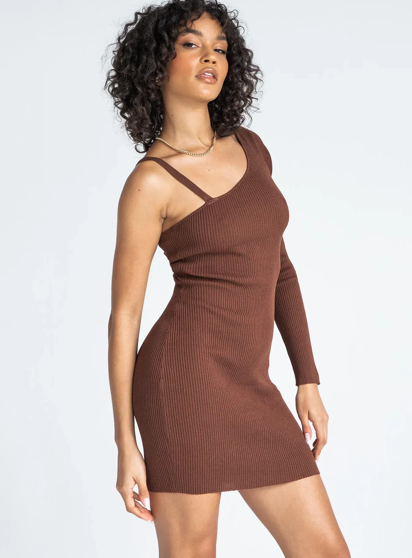 Elijah Asymmetric Mini Dress Brown