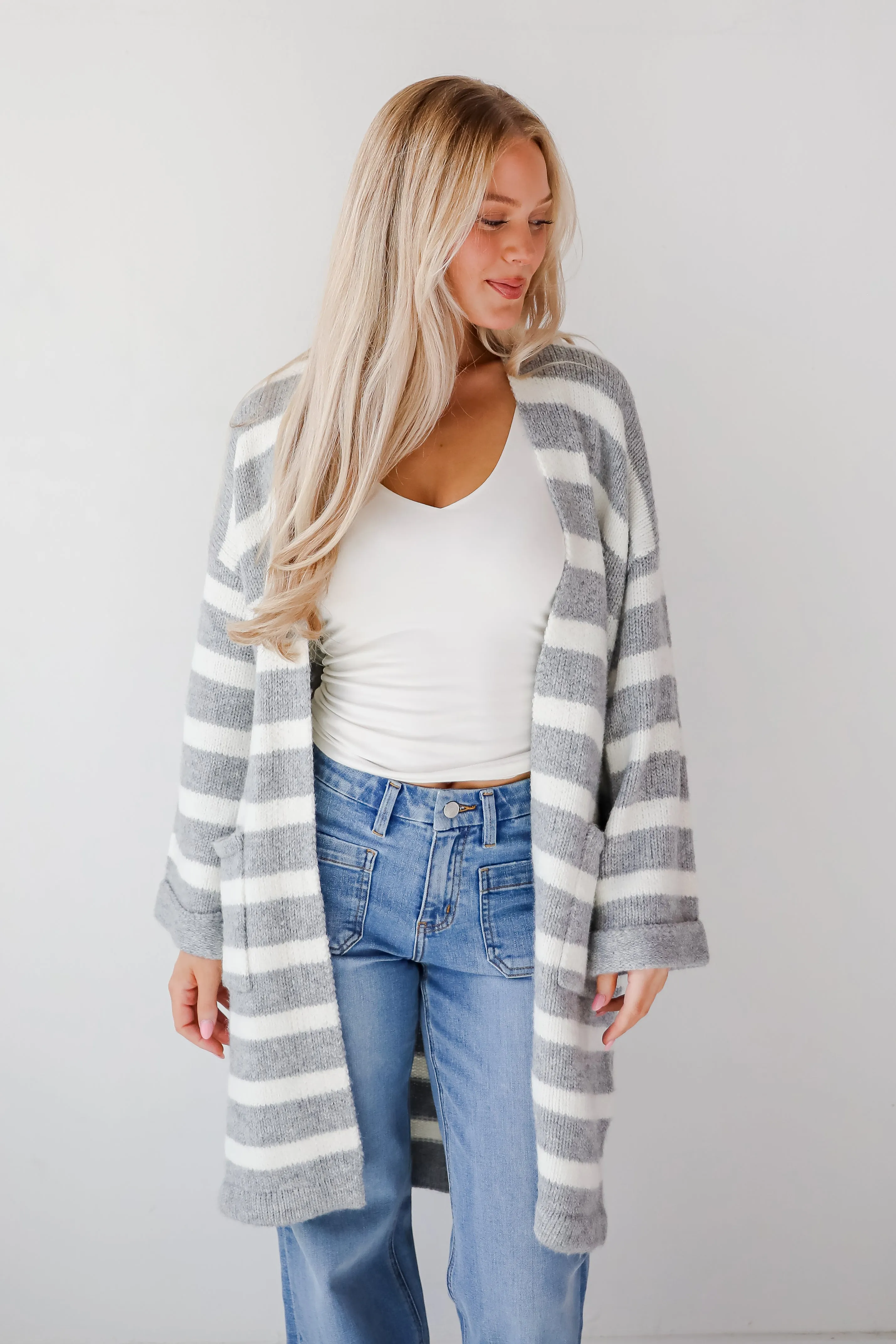 FINAL SALE - Notably Comfy Heather Grey Striped Longline Sweater Cardigan