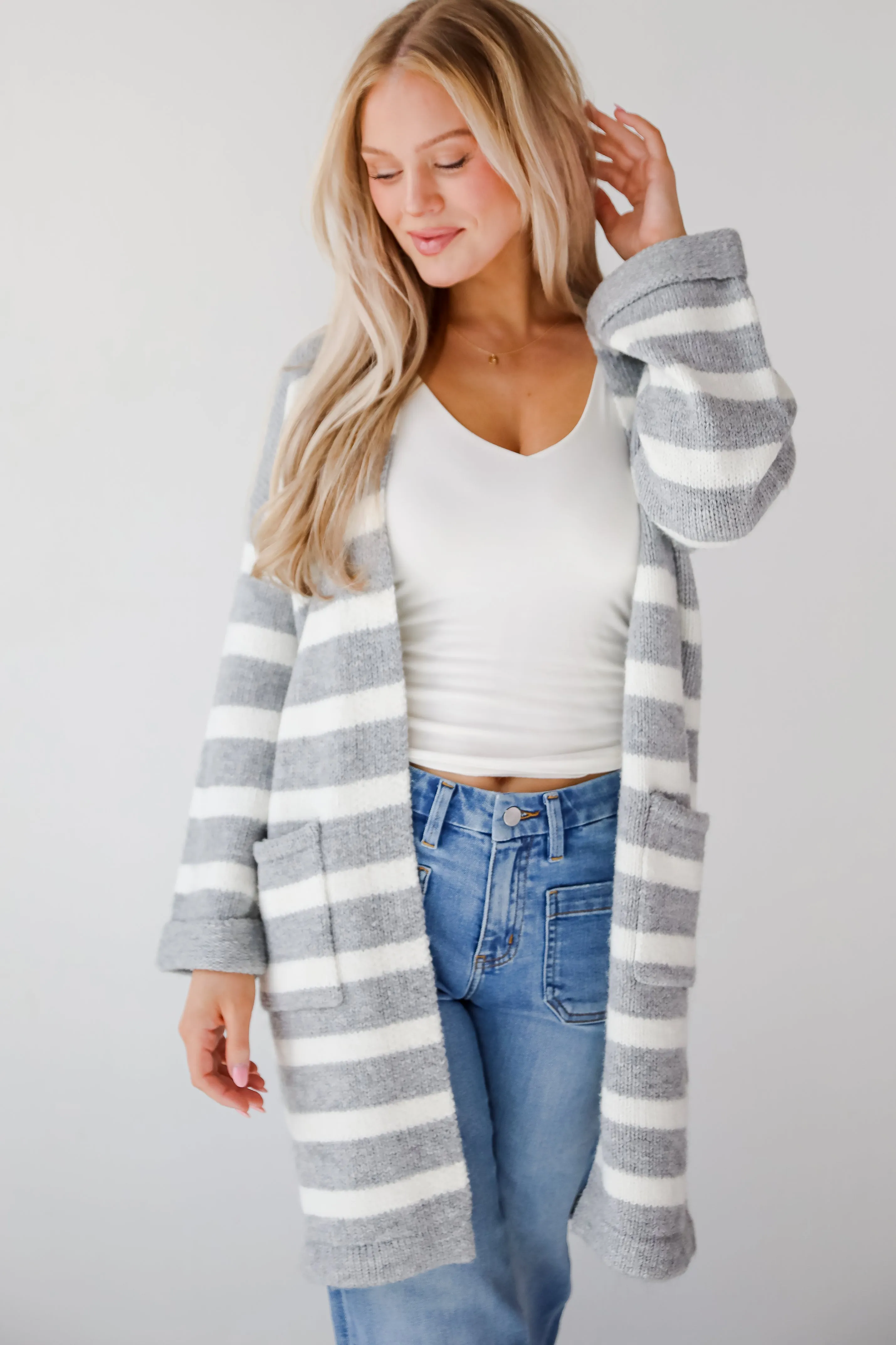 FINAL SALE - Notably Comfy Heather Grey Striped Longline Sweater Cardigan