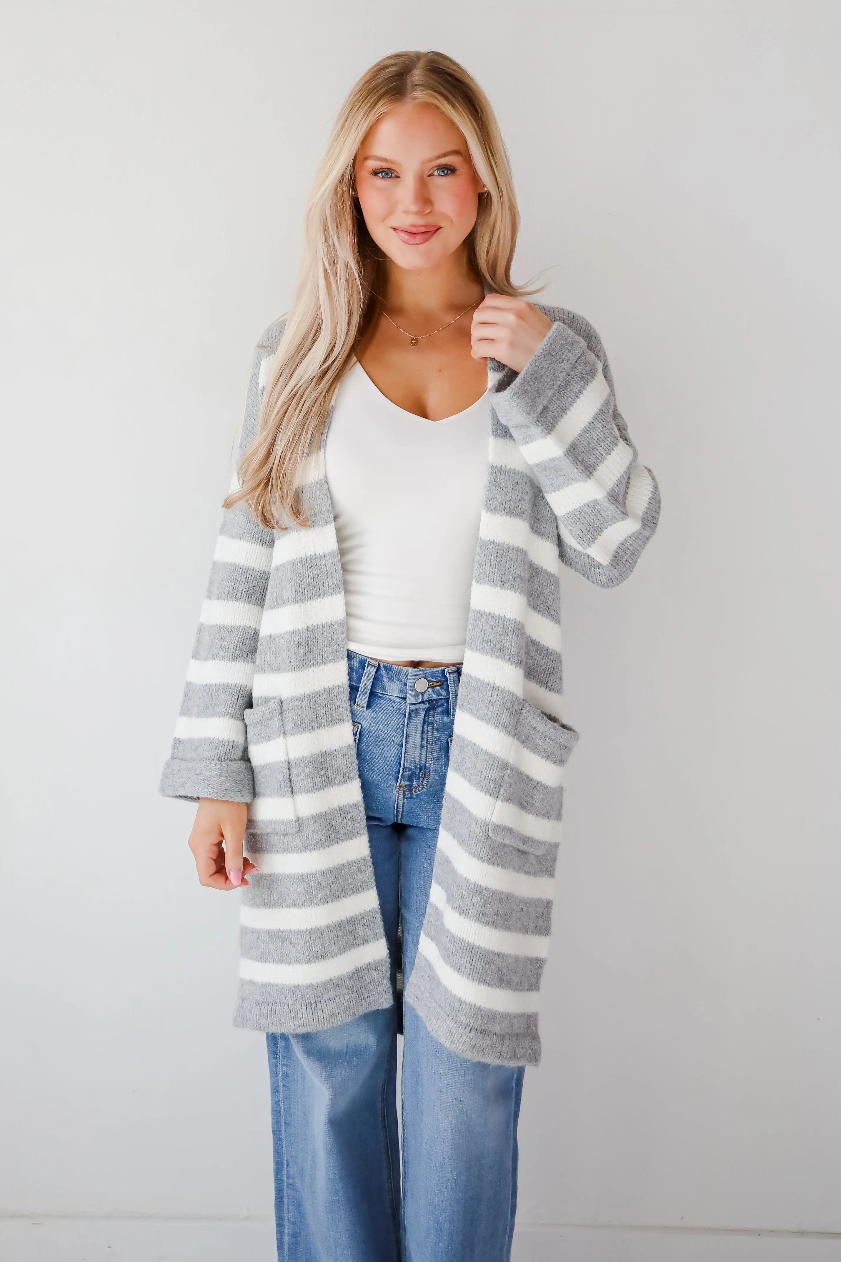 FINAL SALE - Notably Comfy Heather Grey Striped Longline Sweater Cardigan