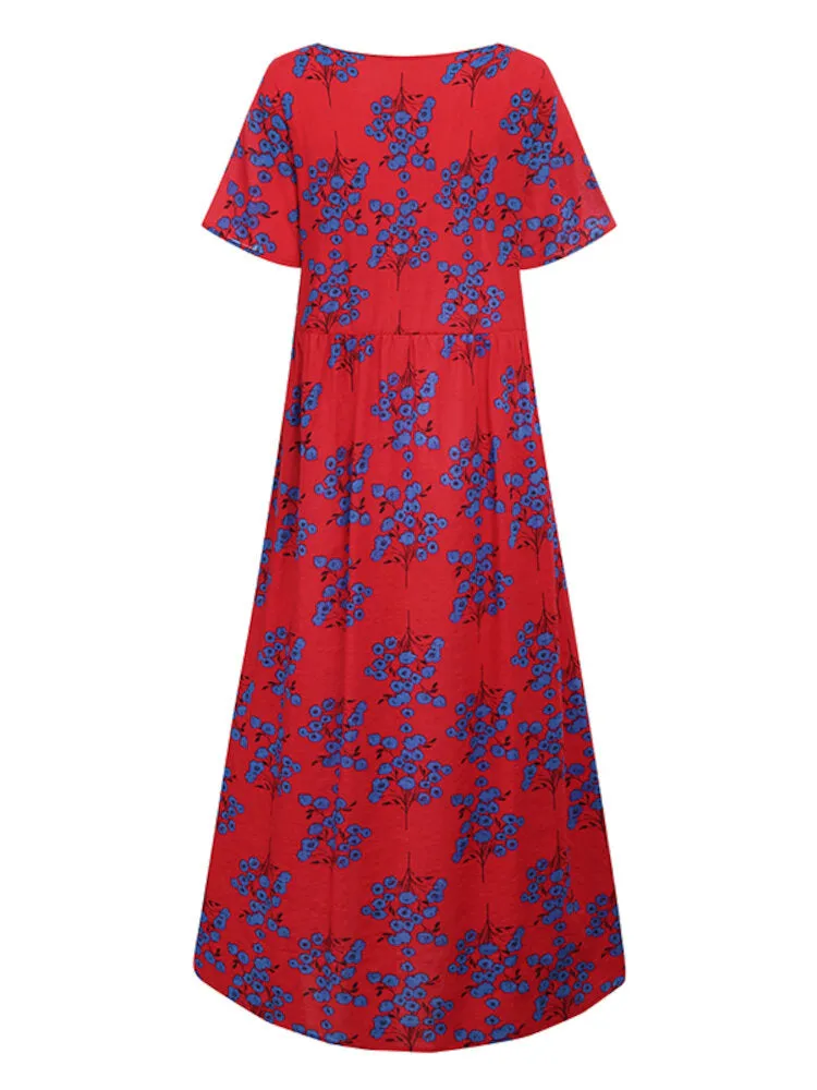 Floral Print V-neck Leisure Holiday Women Maxi Dress