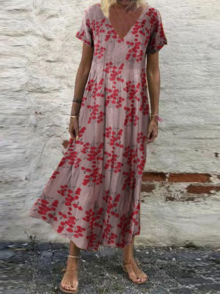 Floral Print V-neck Leisure Holiday Women Maxi Dress