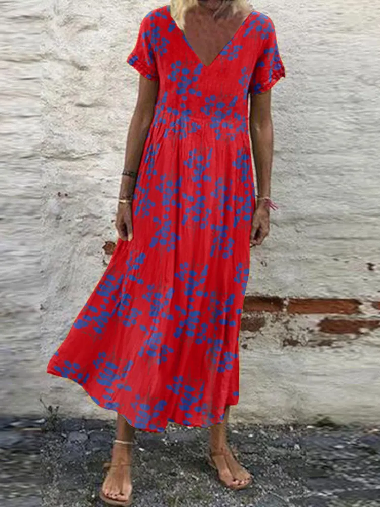 Floral Print V-neck Leisure Holiday Women Maxi Dress