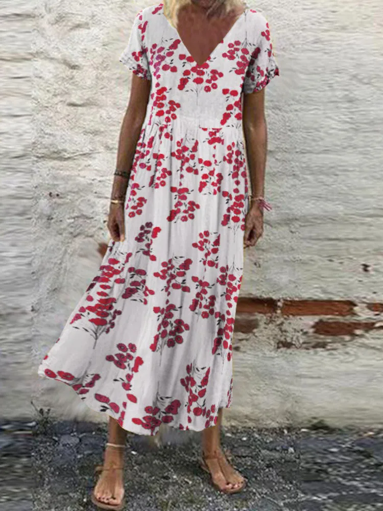 Floral Print V-neck Leisure Holiday Women Maxi Dress