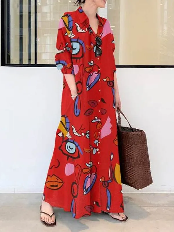 Floral Printed Lapel Collar Long Sleeve Button Split Hem Maxi Shirt Pocket Women Maxi Dress