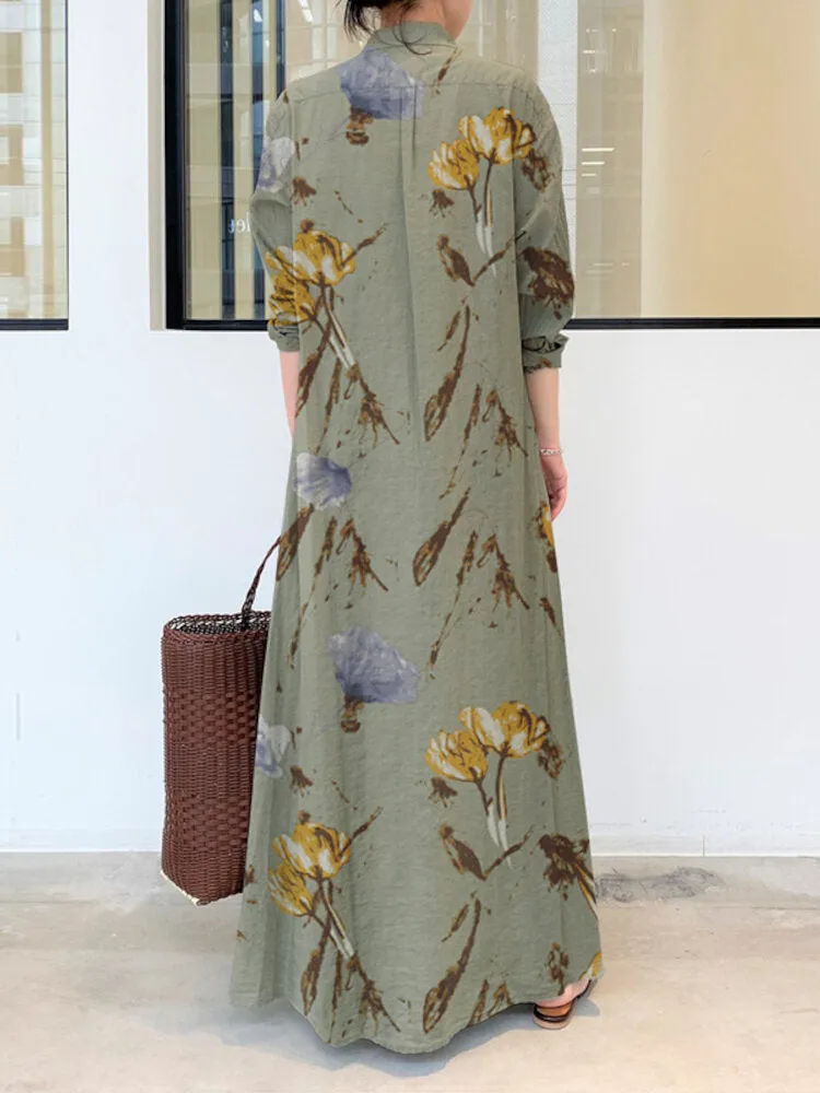 Floral Printed Lapel Collar Long Sleeve Button Split Hem Maxi Shirt Pocket Women Maxi Dress