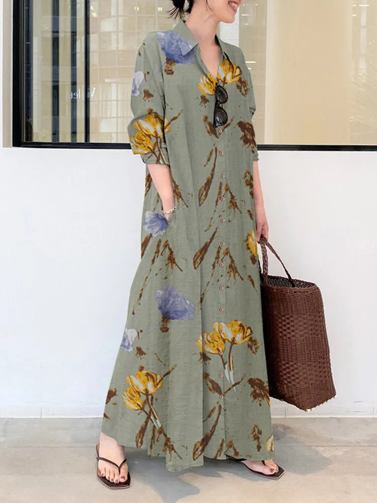Floral Printed Lapel Collar Long Sleeve Button Split Hem Maxi Shirt Pocket Women Maxi Dress