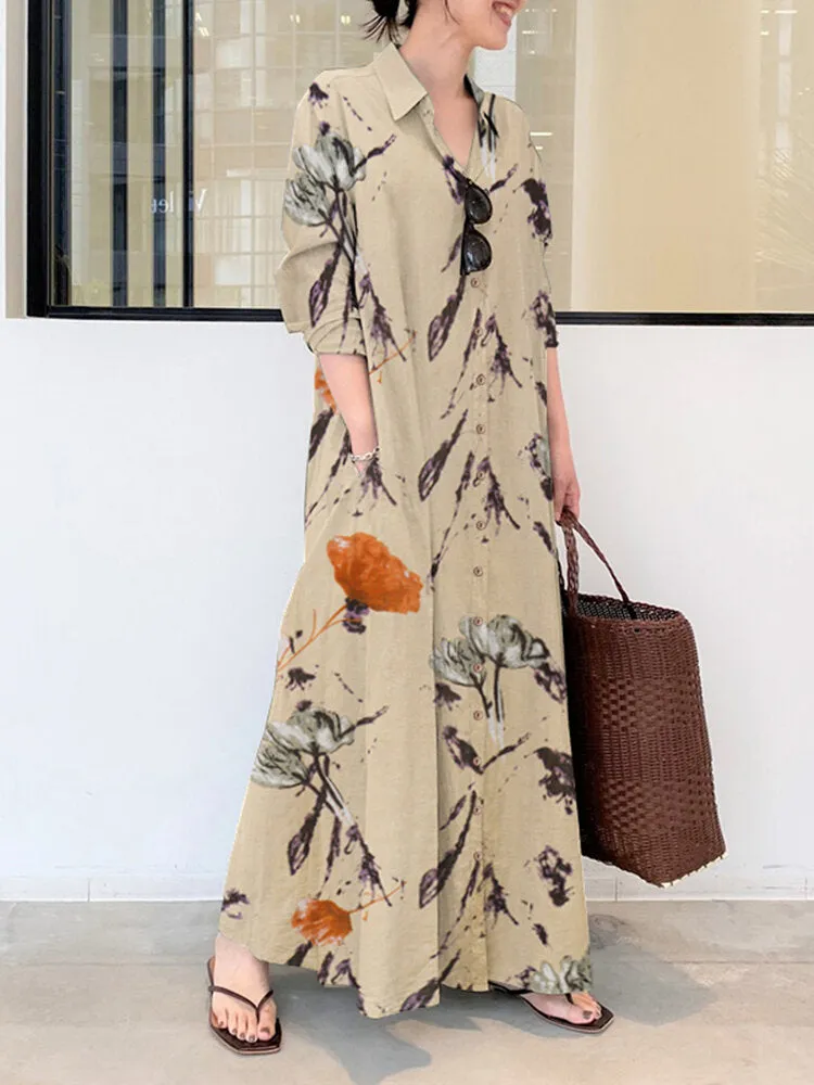 Floral Printed Lapel Collar Long Sleeve Button Split Hem Maxi Shirt Pocket Women Maxi Dress