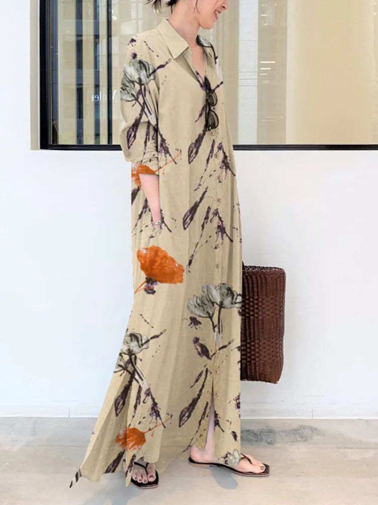 Floral Printed Lapel Collar Long Sleeve Button Split Hem Maxi Shirt Pocket Women Maxi Dress