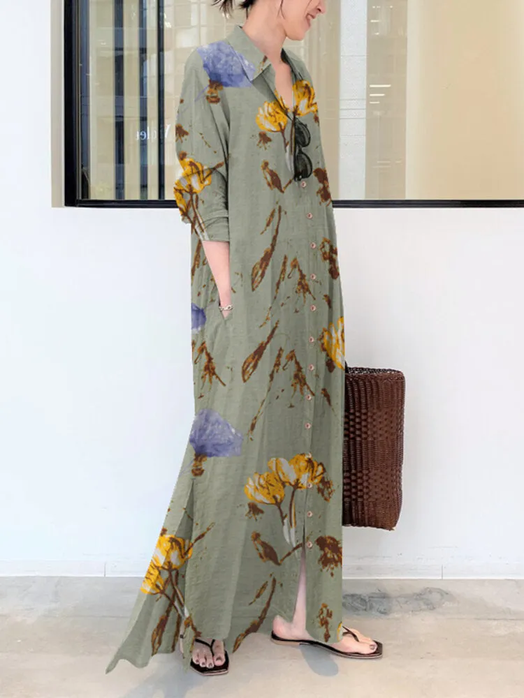 Floral Printed Lapel Collar Long Sleeve Button Split Hem Maxi Shirt Pocket Women Maxi Dress