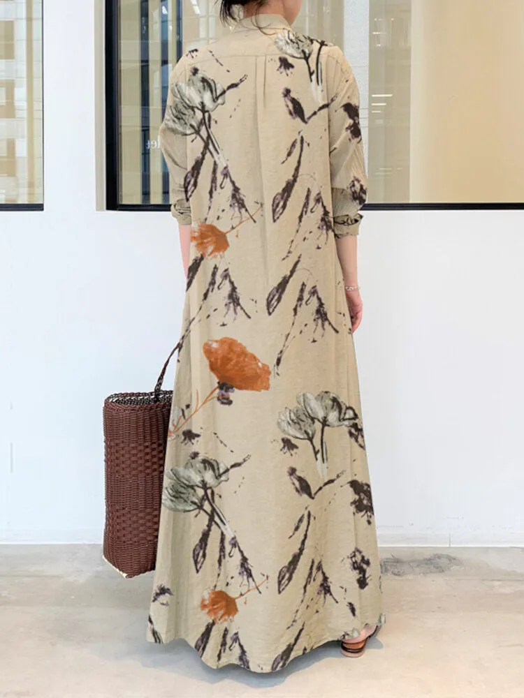 Floral Printed Lapel Collar Long Sleeve Button Split Hem Maxi Shirt Pocket Women Maxi Dress
