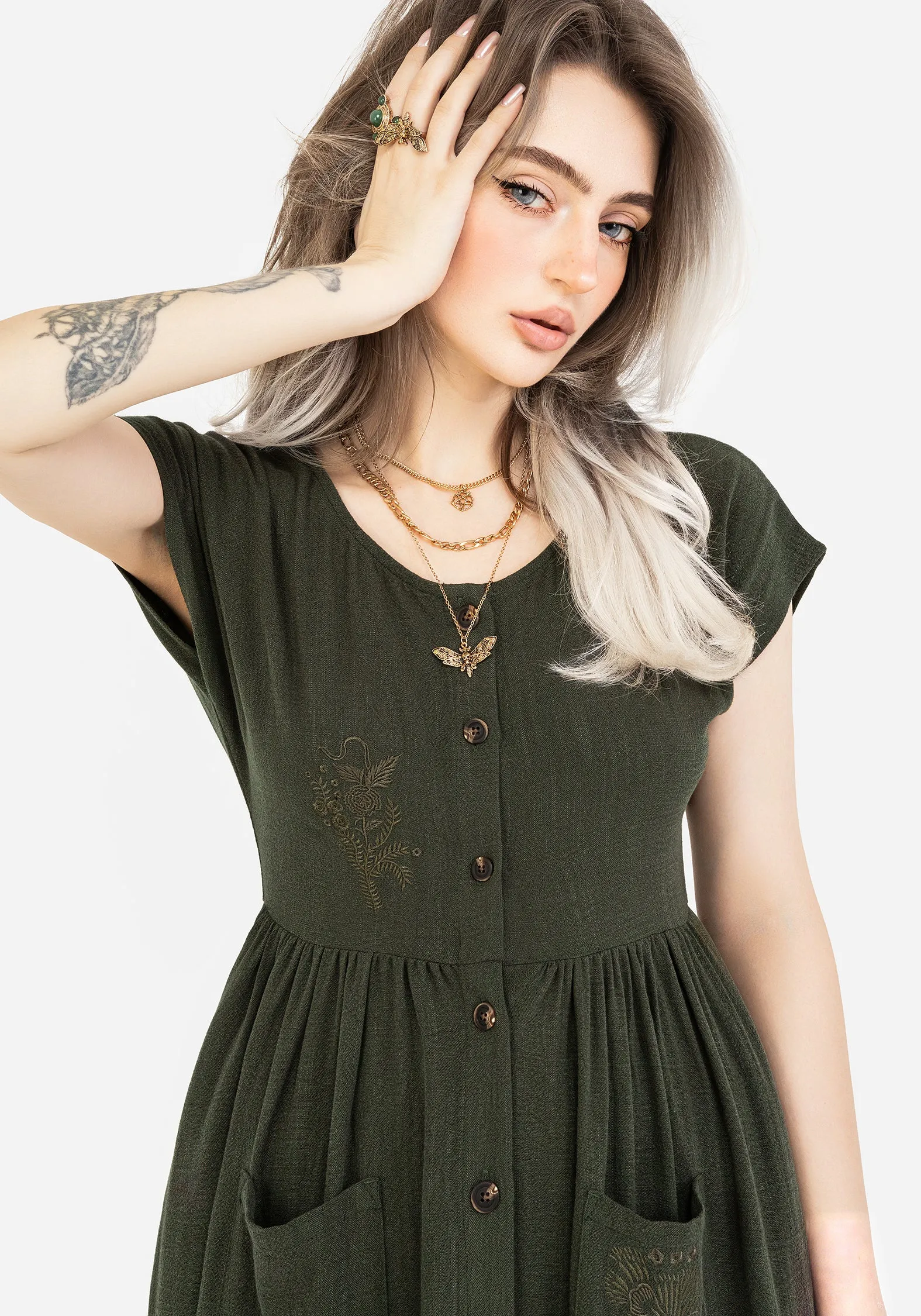 Foliate Linen-Blend Embroidered Button Up Midi Dress - Green