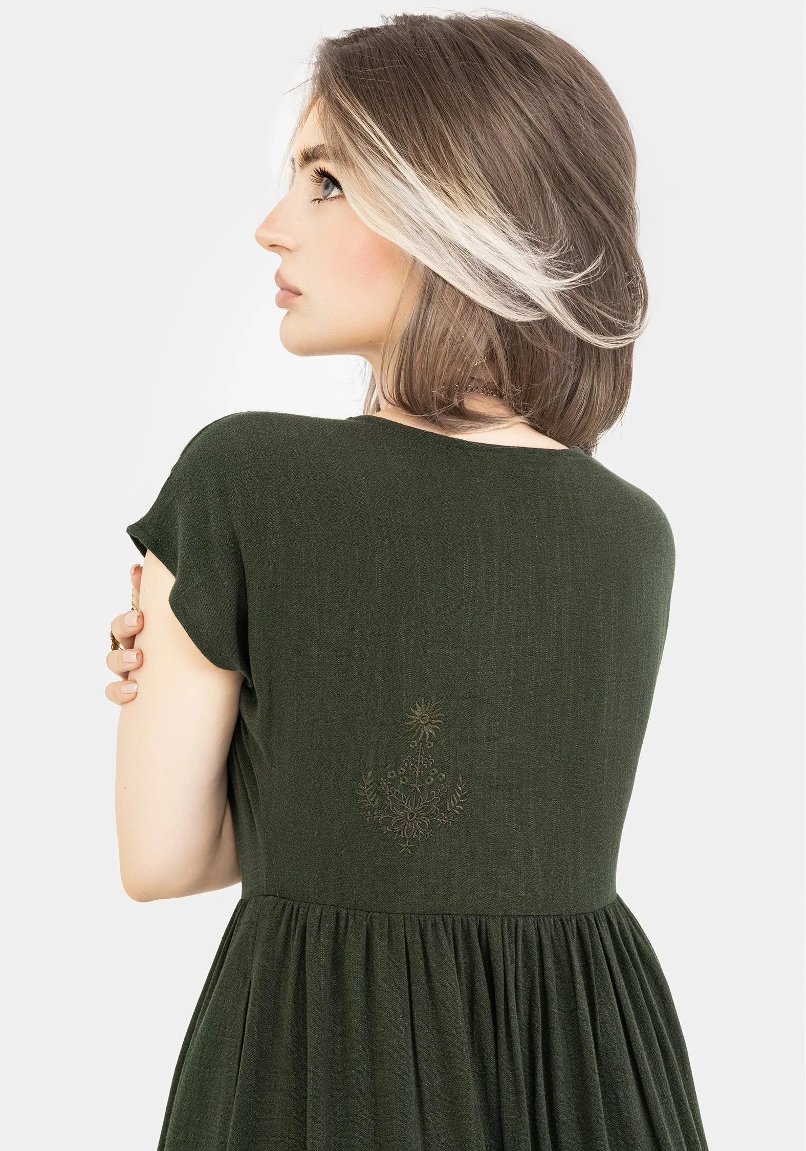 Foliate Linen-Blend Embroidered Button Up Midi Dress - Green