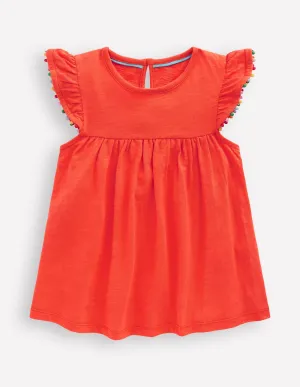 Frill Sleeve Pom Top-Coral Orange