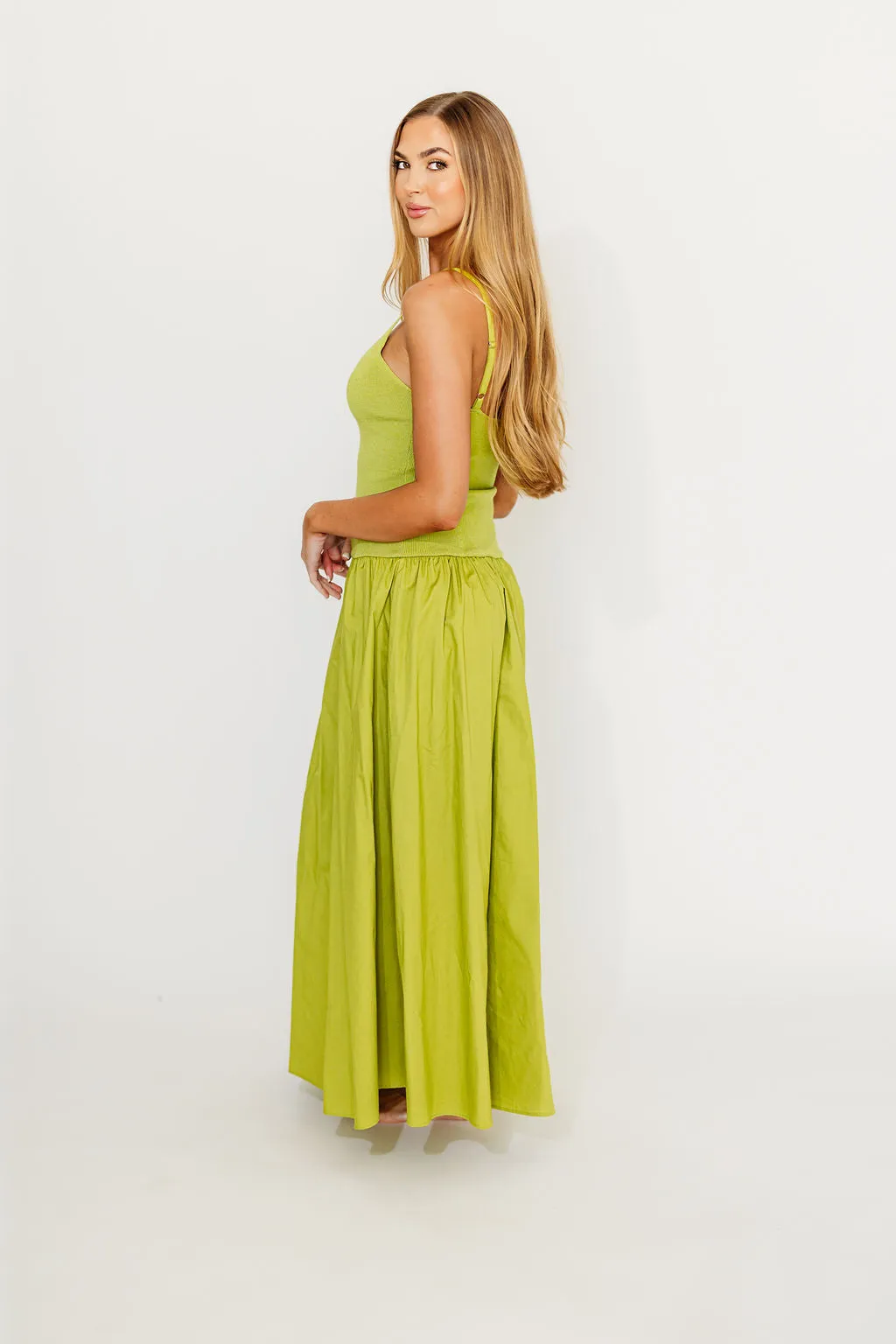 Gaby V-Neck Sleeveless Mixed Media Midi Dress in Green