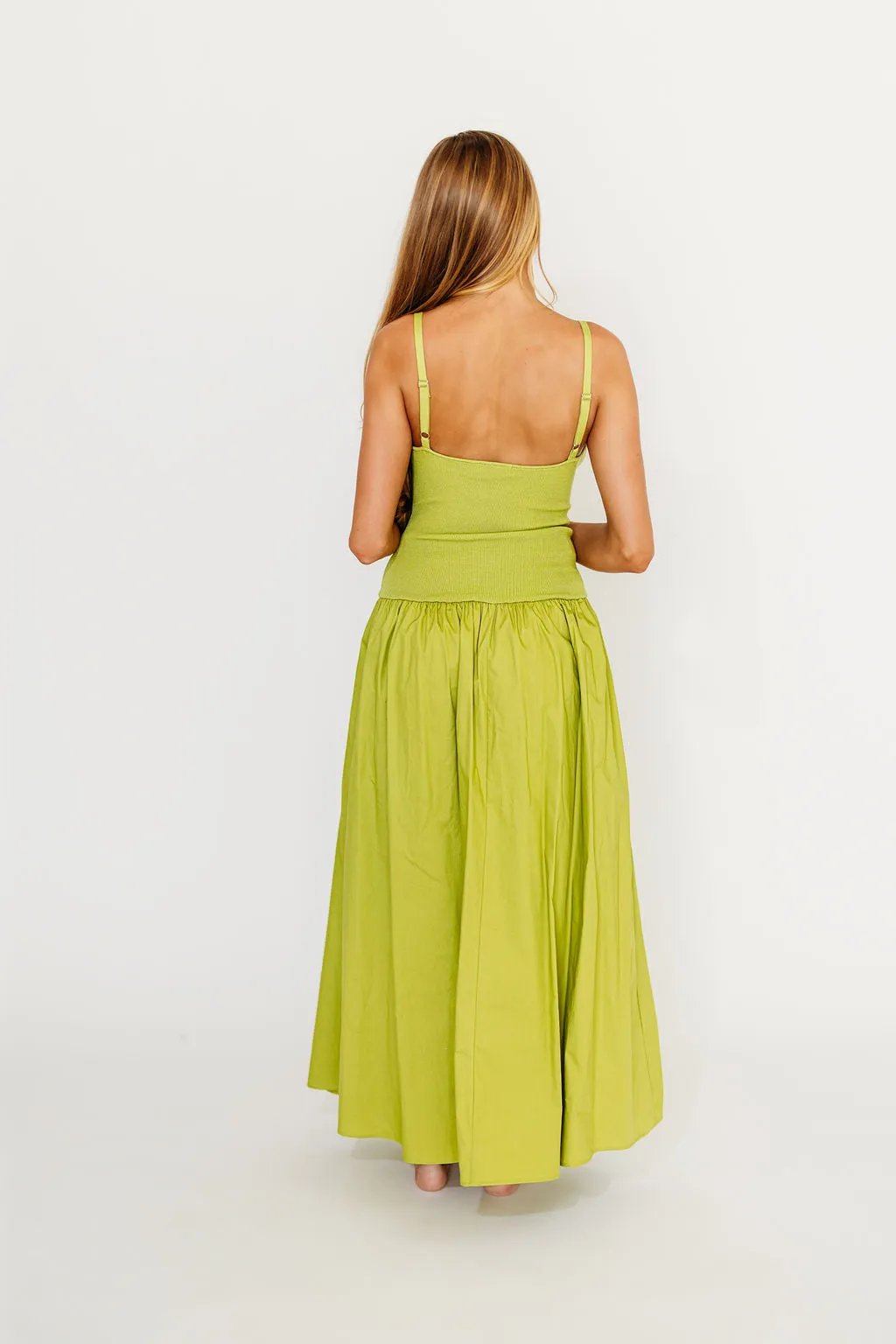Gaby V-Neck Sleeveless Mixed Media Midi Dress in Green