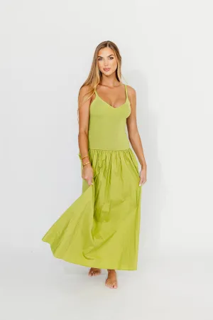Gaby V-Neck Sleeveless Mixed Media Midi Dress in Green