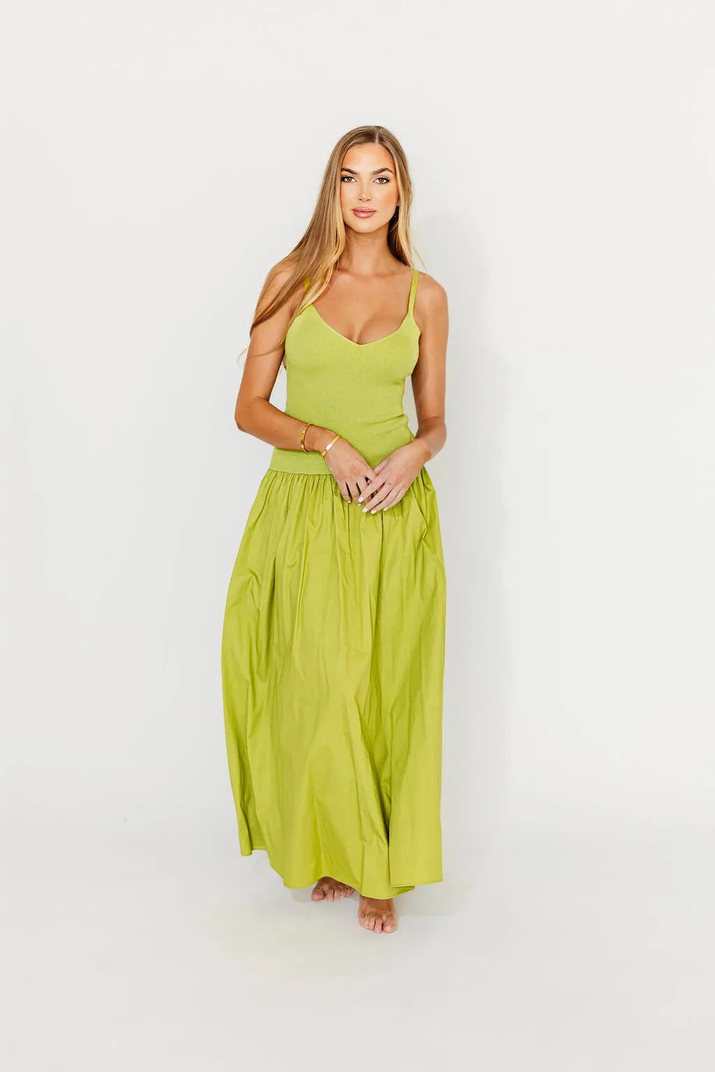 Gaby V-Neck Sleeveless Mixed Media Midi Dress in Green