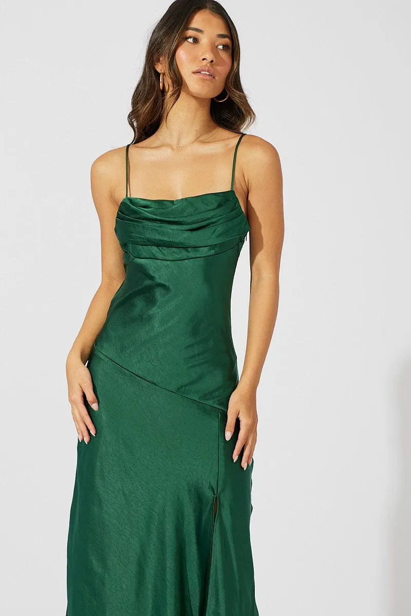 Green Satin Dress Cocktail Split Side Strappy