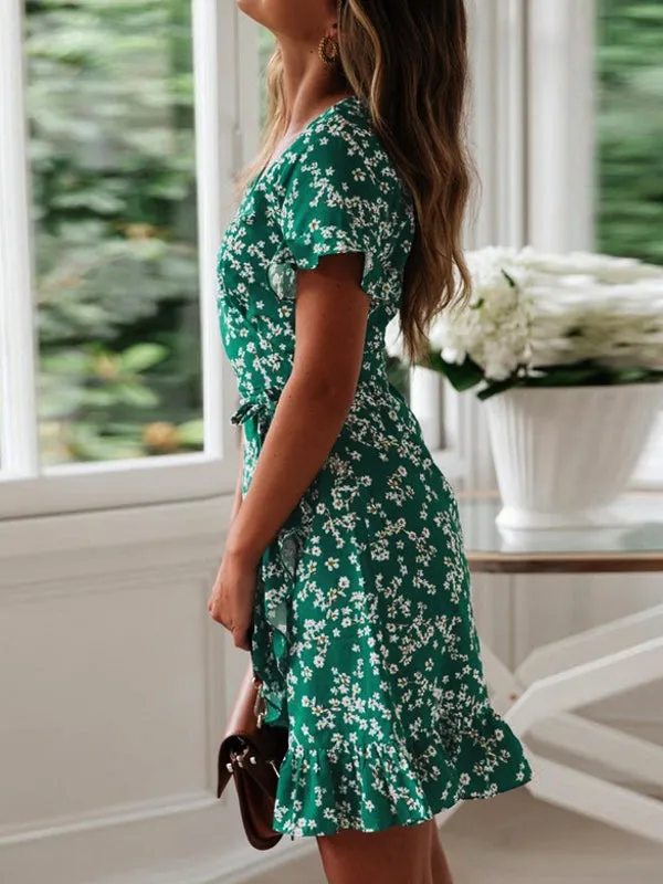 Holiday Floral Print V-neck Ruffle Summer Short Sleeve Casual Dress