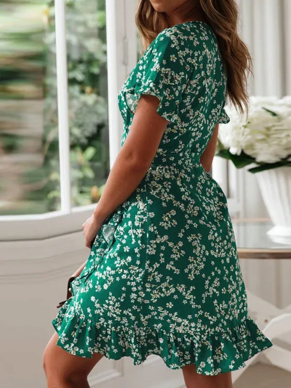 Holiday Floral Print V-neck Ruffle Summer Short Sleeve Casual Dress
