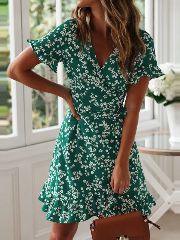 Holiday Floral Print V-neck Ruffle Summer Short Sleeve Casual Dress