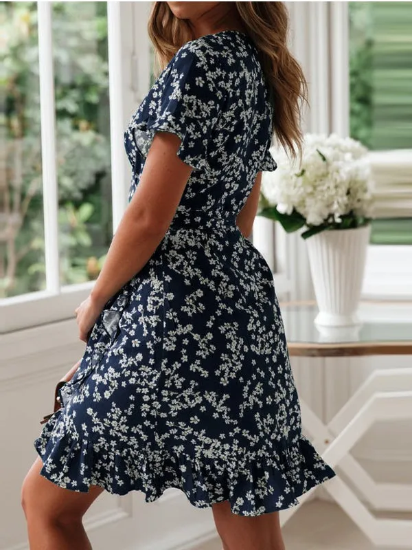 Holiday Floral Print V-neck Ruffle Summer Short Sleeve Casual Dress