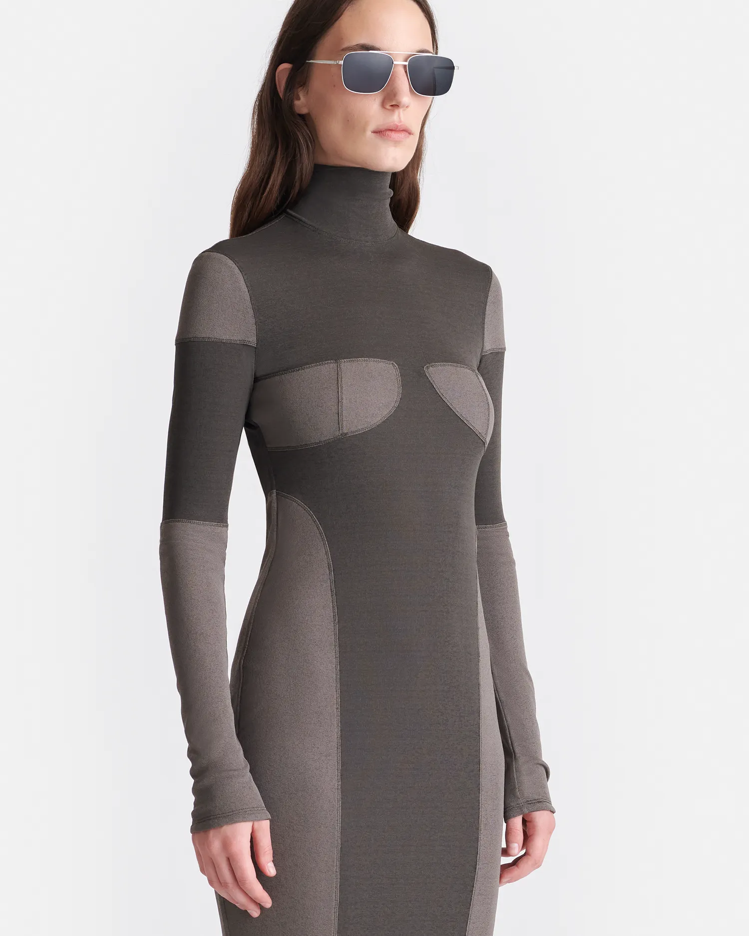 Imelda - Patchwork Mesh Jersey Midi Dress - Dark Moss/Fossil Grey