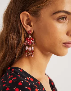Jewel Chandelier Earrings-Pink/ Red