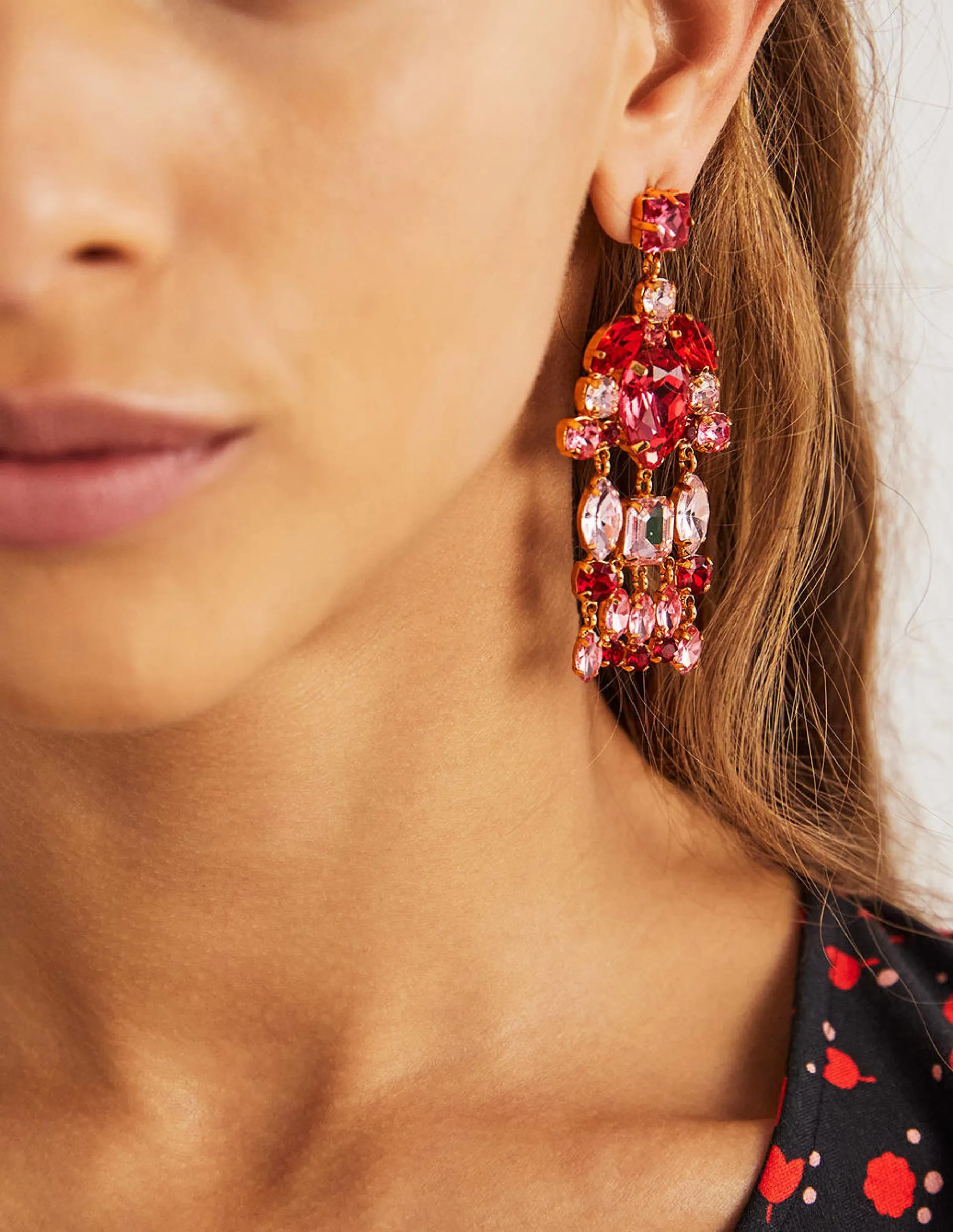 Jewel Chandelier Earrings-Pink/ Red