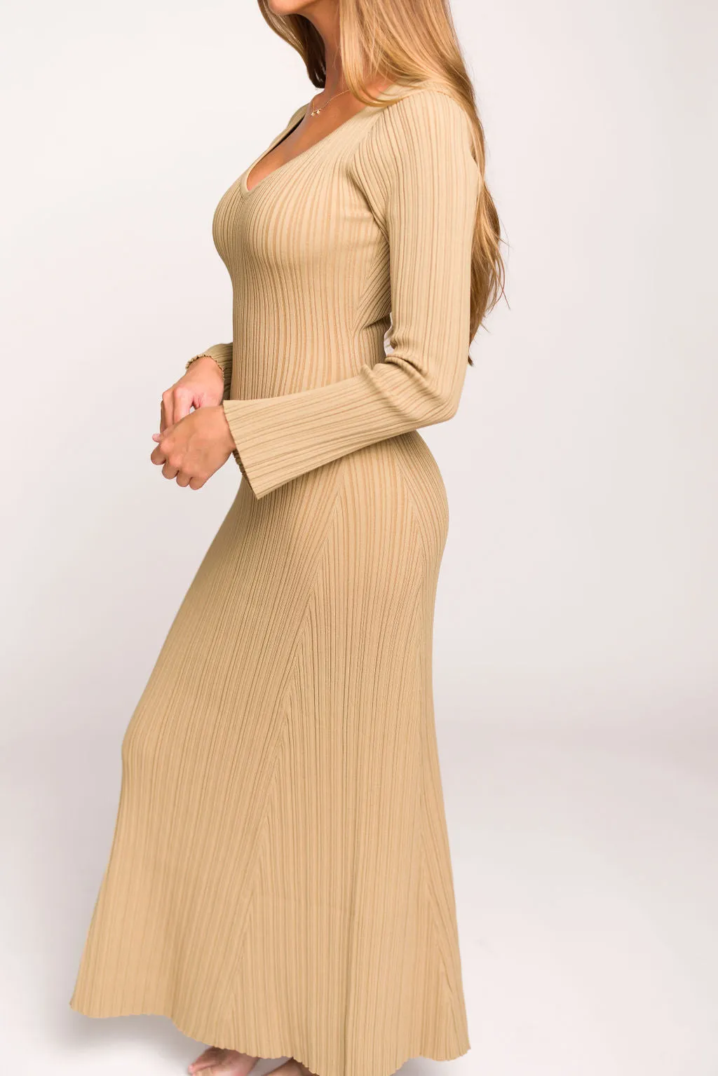 Keaton Knit Maxi Dress with V-Neckline in Beige
