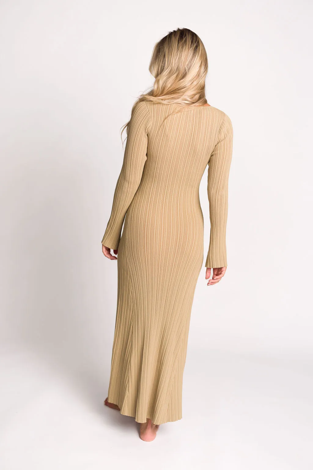 Keaton Knit Maxi Dress with V-Neckline in Beige