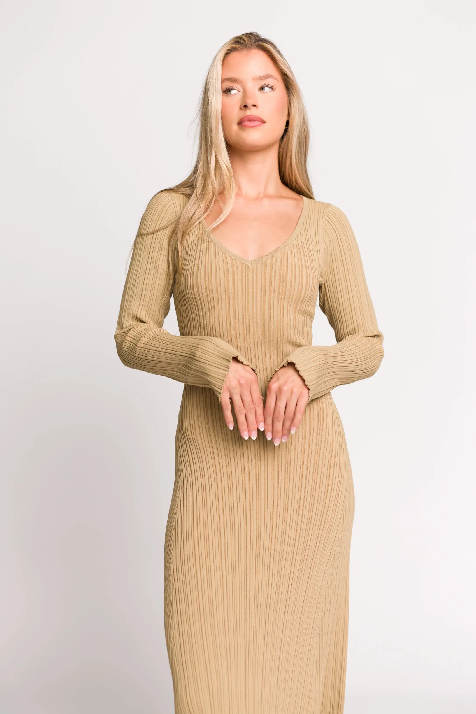 Keaton Knit Maxi Dress with V-Neckline in Beige