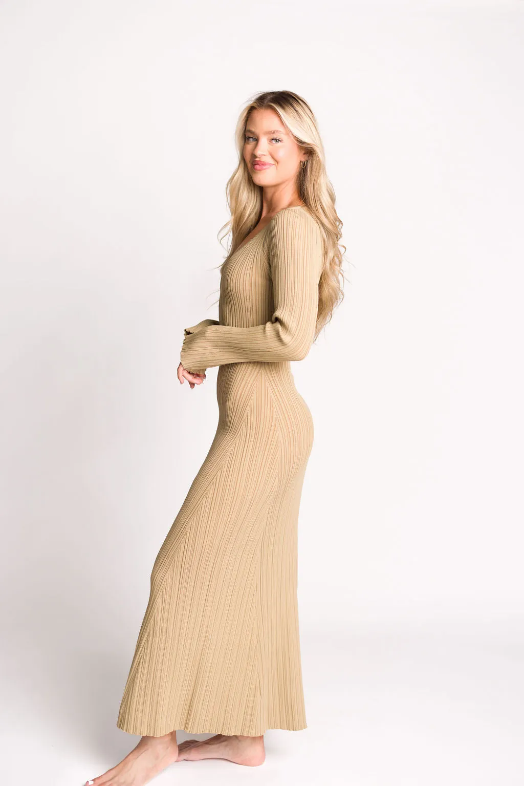 Keaton Knit Maxi Dress with V-Neckline in Beige
