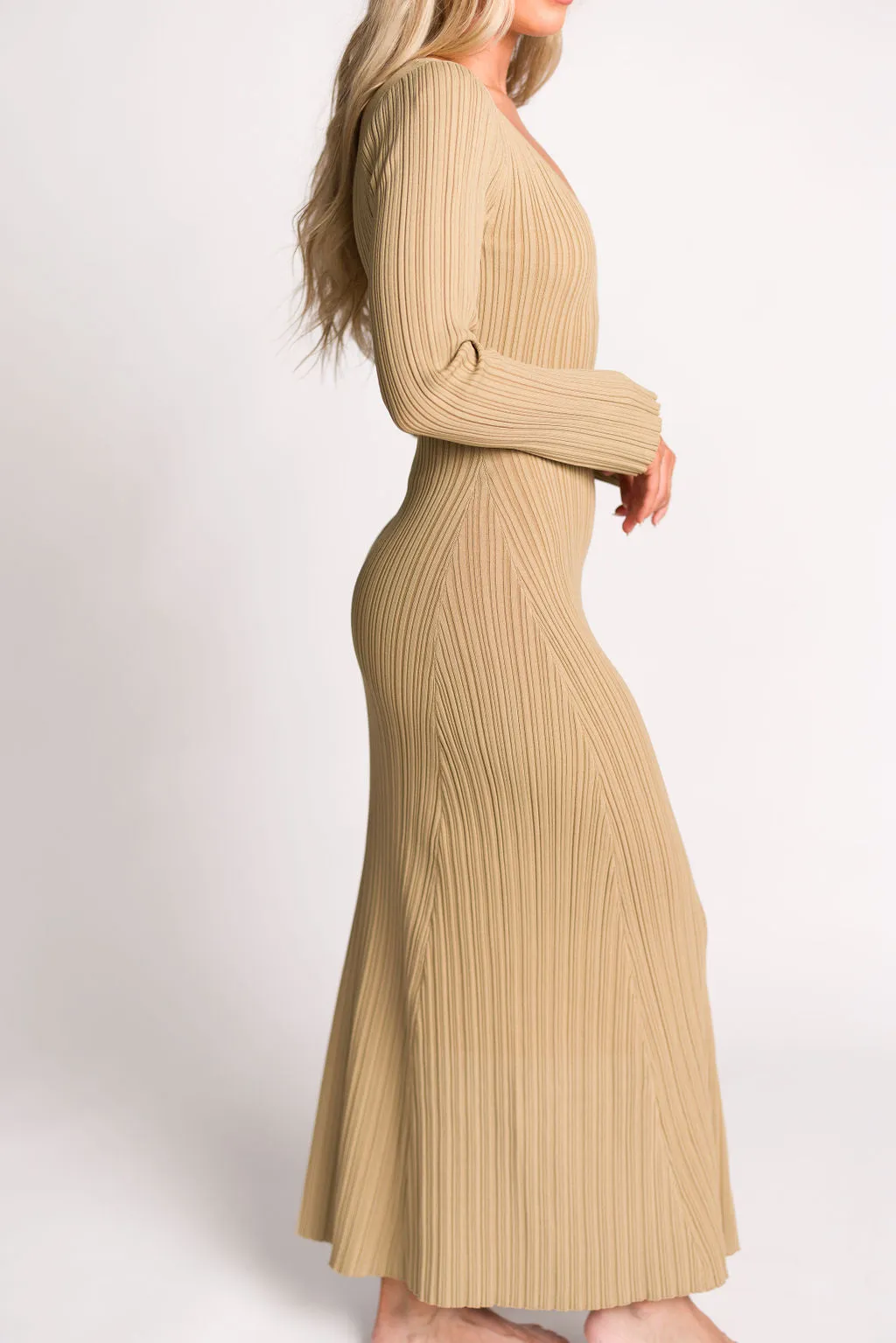 Keaton Knit Maxi Dress with V-Neckline in Beige