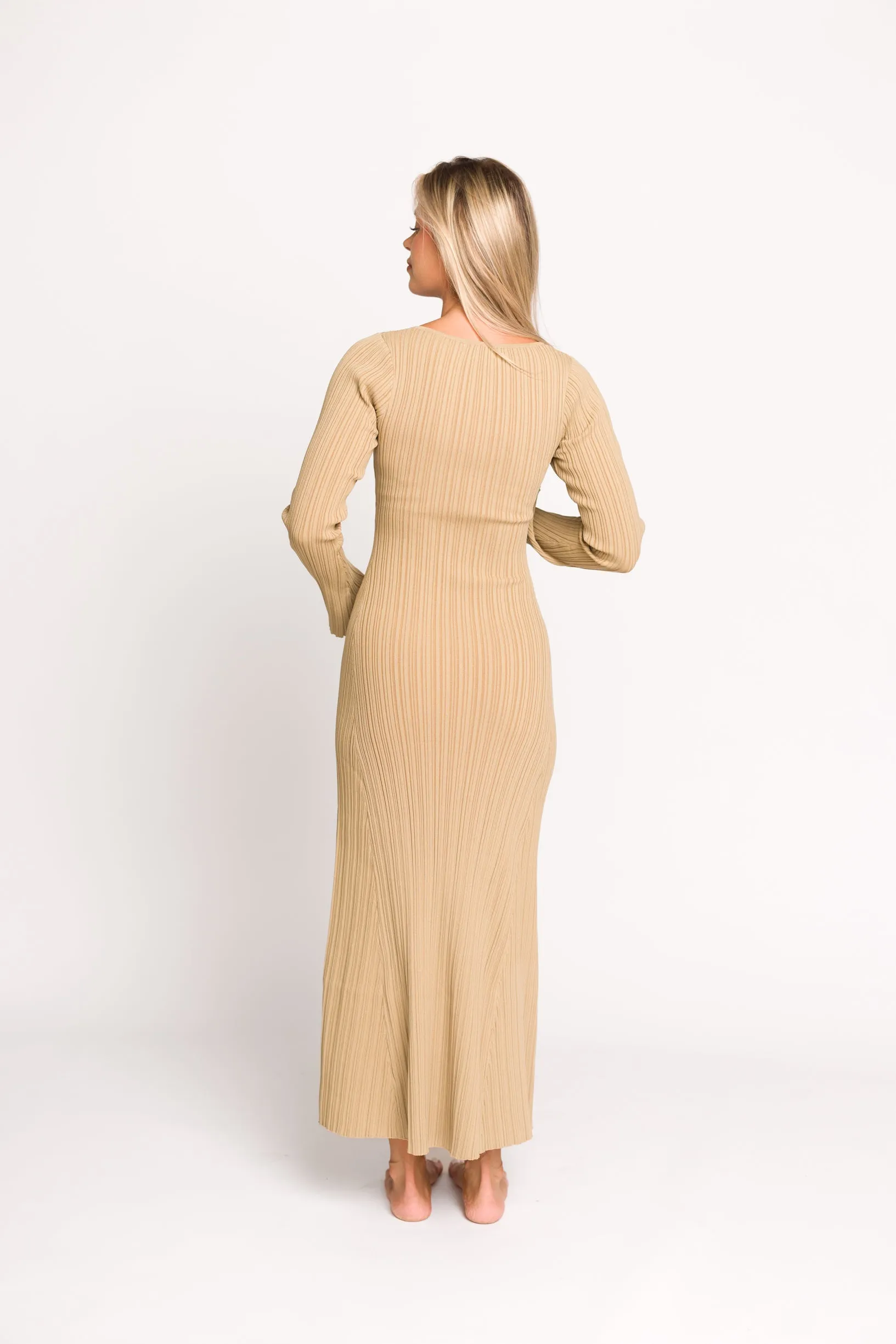 Keaton Knit Maxi Dress with V-Neckline in Beige