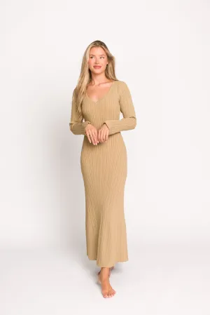 Keaton Knit Maxi Dress with V-Neckline in Beige