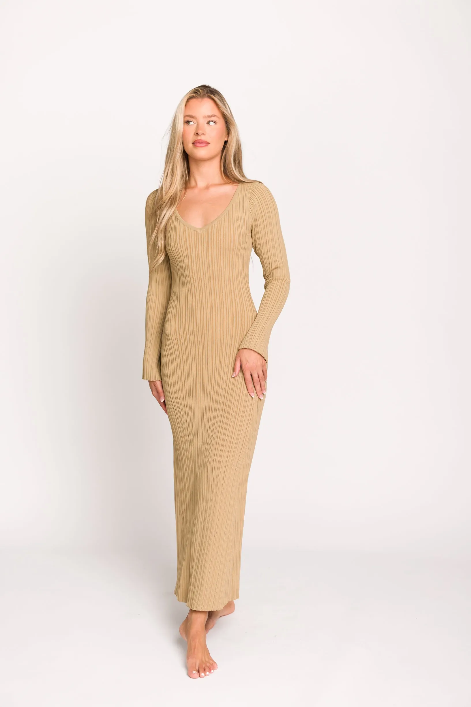 Keaton Knit Maxi Dress with V-Neckline in Beige