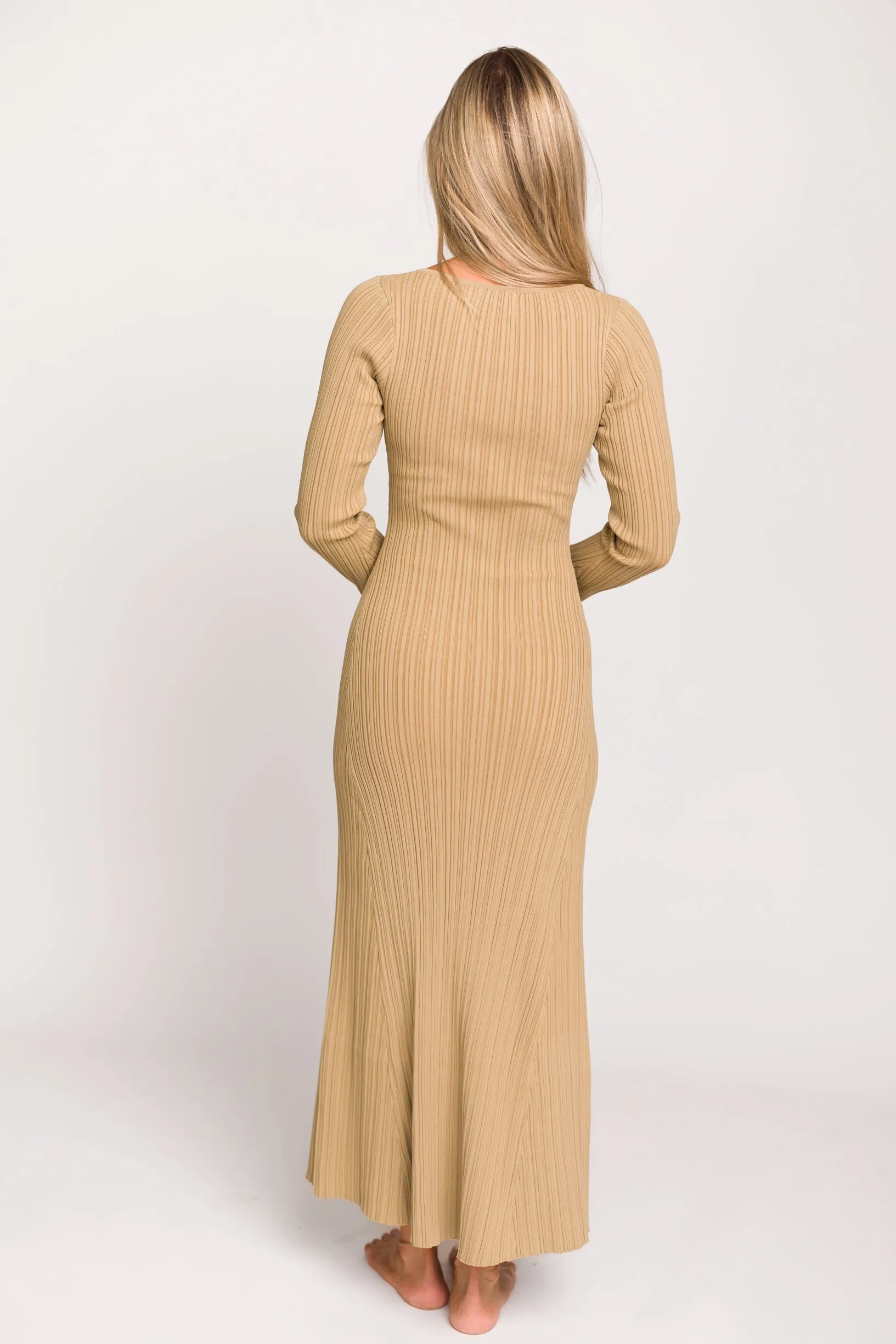 Keaton Knit Maxi Dress with V-Neckline in Beige