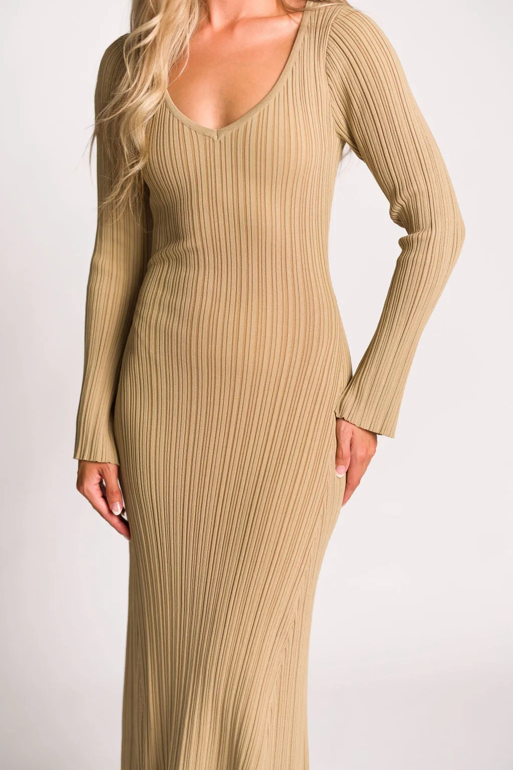 Keaton Knit Maxi Dress with V-Neckline in Beige