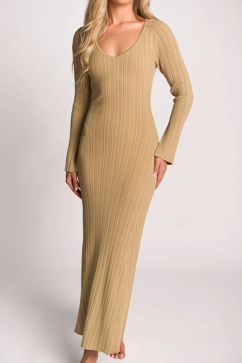 Keaton Knit Maxi Dress with V-Neckline in Beige